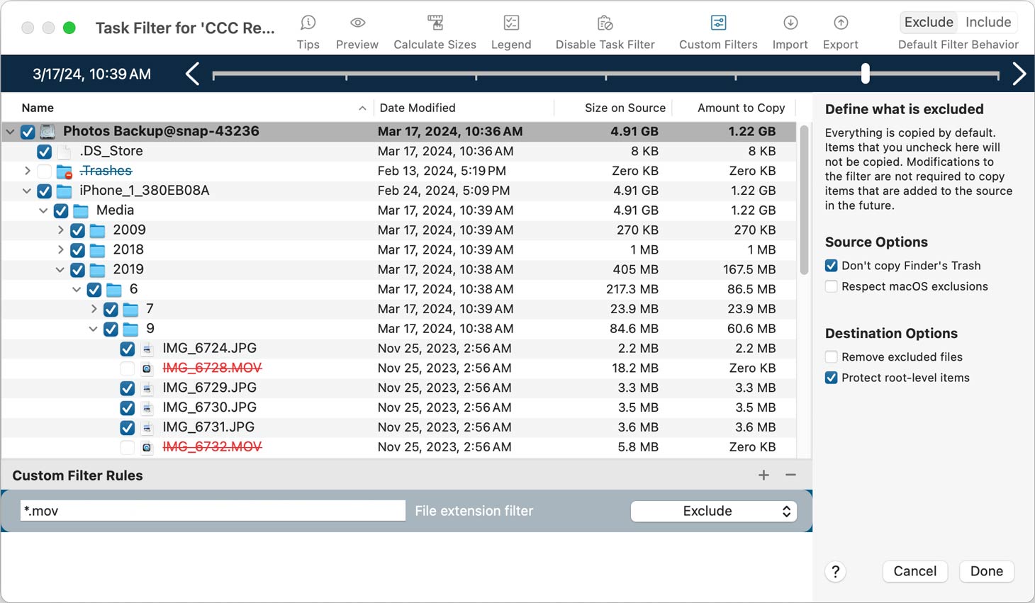 Carbon Copy Cloner task filter window — fine-grained file selection