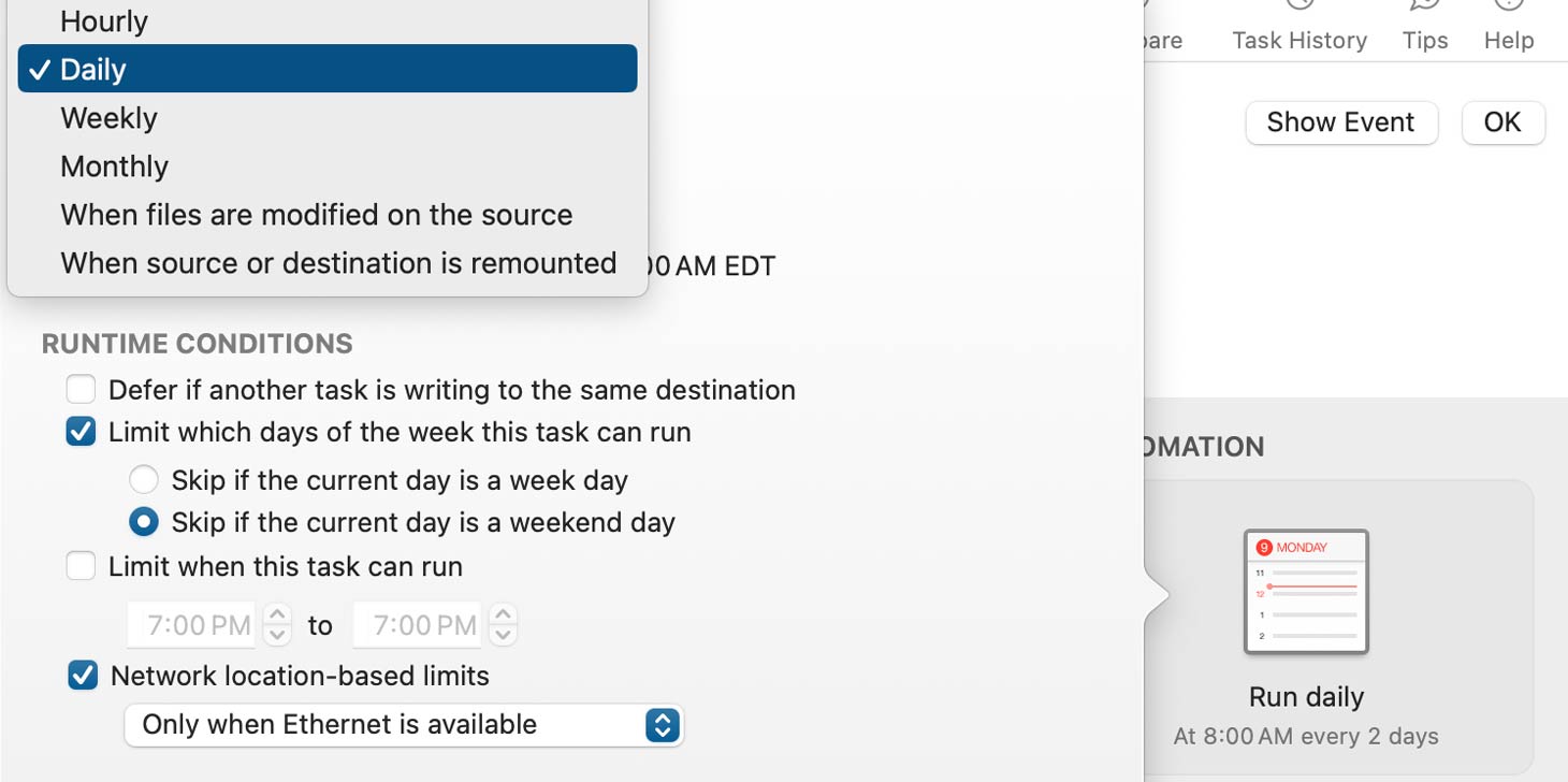 Carbon Copy Cloner scheduling window — daily, weekly and event triggers